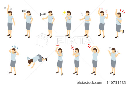 Isometric illustration: Women in suits (summer clothes) expressing various emotions. Isometric illustration: Women in suits (summer clothes) expressing various emotions. 140731283