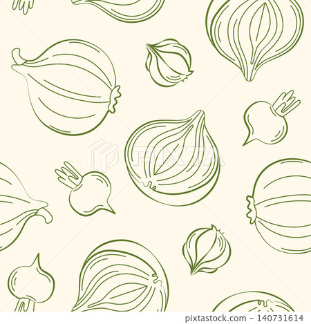 Hand-drawn summer vegetable seamless pattern with onion, radish, garlic for grocery, farmer market decor, seasonal packaging Hand-drawn summer vegetable seamless pattern with onion, radish, garlic for grocery, farmer market decor, seasonal packaging 140731614