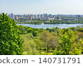 View of a city skyline along a river with green trees and clear sky during daytime on a sunny day 140731791