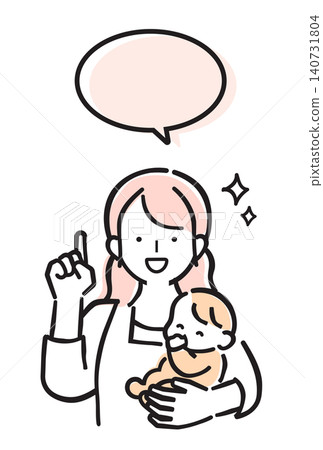 A simple color illustration of a mother holding her baby and explaining something. A simple color illustration of a mother holding her baby and explaining something. 140731804