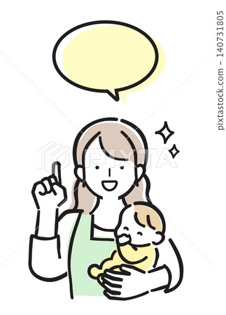A pastel-colored illustration of a mother holding her baby and explaining something. A pastel-colored illustration of a mother holding her baby and explaining something. 140731805