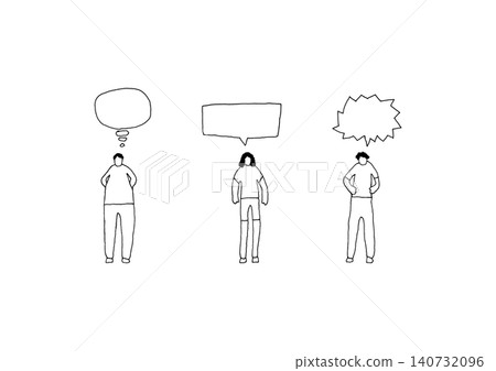 A set of loose, hand-drawn illustrations (line art) with various speech bubbles and three figures, all with a background. 140732096