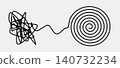 Tangled scribble to concentric spiral line art black on gray 140732234