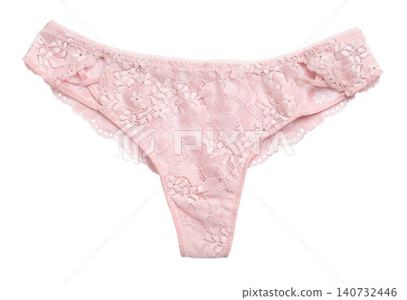 Elegant pink women's underwear isolated on white, top view 140732446