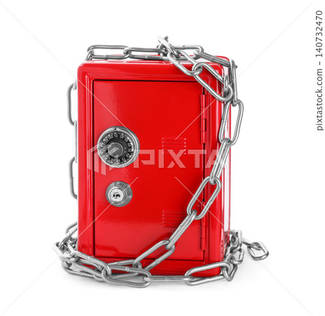 Red steel safe with chain isolated on white Red steel safe with chain isolated on white 140732470