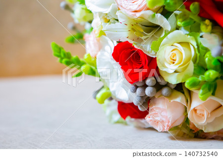 close-up of bridal bouquet of roses for wedding day. place for text close-up of bridal bouquet of roses for wedding day. place for text 140732540