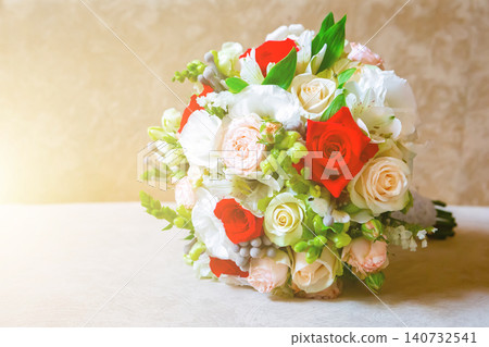 close-up of bridal bouquet of roses for wedding day. place for text close-up of bridal bouquet of roses for wedding day. place for text 140732541