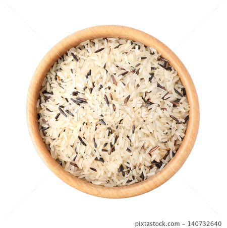 Mix of brown and polished rice in wooden bowl isolated on white, top view Mix of brown and polished rice in wooden bowl isolated on white, top view 140732640