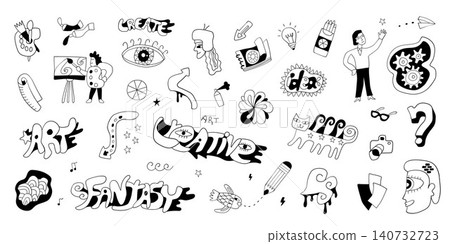 Art tools doodles , funny creative sign and symbol drawings vector collection Art tools doodles , funny creative sign and symbol drawings vector collection 140732723