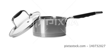 Empty modern steel saucepan with lid isolated on white 140732827