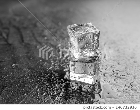 Crystal clear ice cubes on grey stone table. Space for text 140732936