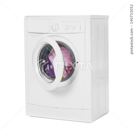 Modern washing machine with laundry isolated on white Modern washing machine with laundry isolated on white 140733052