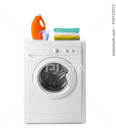 Modern washing machine, stack of towels and detergents on white background. Laundry day Modern washing machine, stack of towels and detergents on white background. Laundry day 140733053