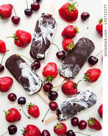 Sweet chocolate vanilla ice cream with red ripe strawberries and cherries, summer refreshing dessert Sweet chocolate vanilla ice cream with red ripe strawberries and cherries, summer refreshing dessert 140733277