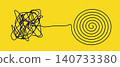 Tangled scribble to spiral line art, black lines on yellow 140733380
