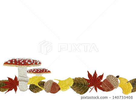 [Horizontal frame with mushrooms, fallen leaves, and acorns] Hand-embroidered illustration material 140733408