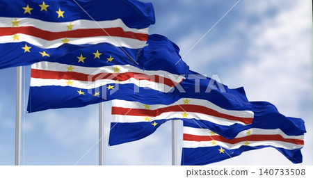National flags of Cape Verde waving in the wind on a clear day National flags of Cape Verde waving in the wind on a clear day 140733508