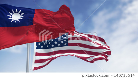 National flags of Taiwan and USA waving in the wind on a clear day National flags of Taiwan and USA waving in the wind on a clear day 140733514