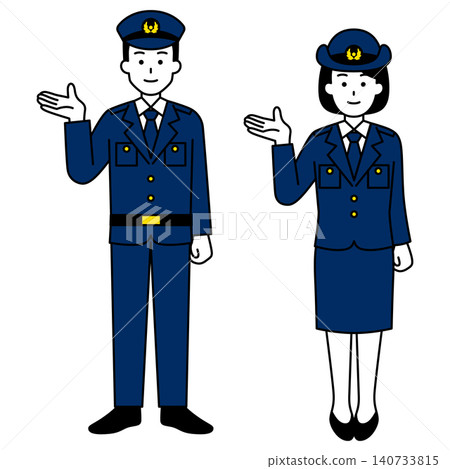 一張全身照,一名男警官和一名女警官用右手引導方向。 一張全身照,一名男警官和一名女警官用右手引導方向。 140733815