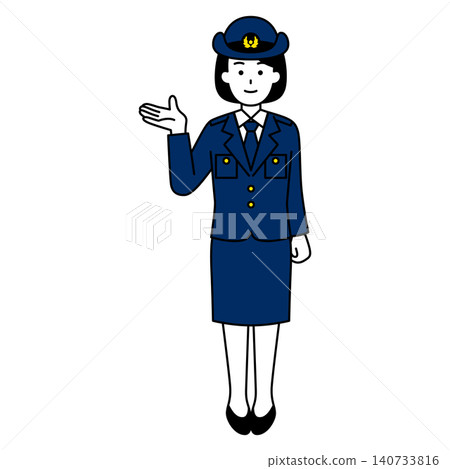 A female police officer (full body) giving directions with her right hand. 140733816