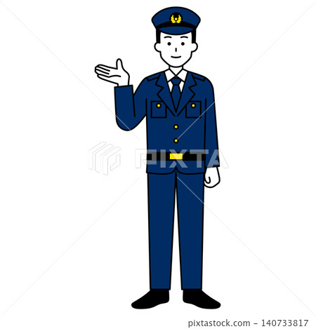 一名男警官(全身像)用右手指引方向。 一名男警官(全身像)用右手指引方向。 140733817