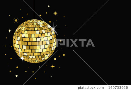 Golden disco ball poster with mirror mosaic tiles and sparkling reflections on black background 140733926