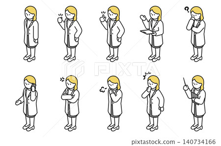 Isometric illustrations: Women in white coats in various poses Isometric illustrations: Women in white coats in various poses 140734166
