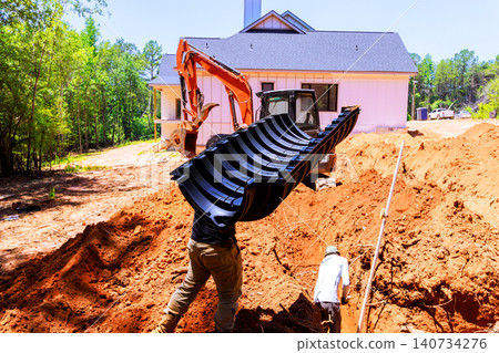 Plumber work on construction site as moves large piece of traps septic chamber another digs in trench, Plumber work on construction site as moves large piece of traps septic chamber another digs in trench, 140734276