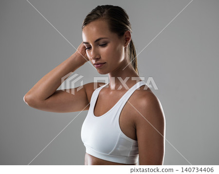 Woman, fitness and wellness with health in studio, strong body with muscle and workout on grey background. Personal trainer, athlete for sports and exercise with pride and power, active and endurance Woman, fitness and wellness with health in studio, strong body with muscle and workout on grey background. Personal trainer, athlete for sports and exercise with pride and power, active and endurance 140734406
