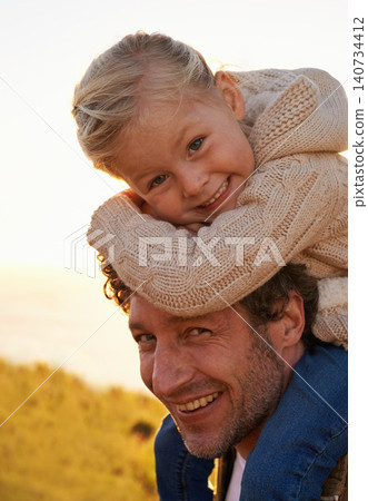 Nature, sunset and portrait of father and child on holiday, vacation and adventure outdoors. Happy family, summer and child on shoulders of dad for bonding, relationship and fun together on weekend Nature, sunset and portrait of father and child on holiday, vacation and adventure outdoors. Happy family, summer and child on shoulders of dad for bonding, relationship and fun together on weekend 140734412