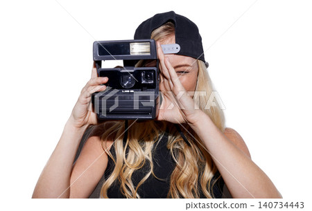 Studio, photography and woman with retro camera tech isolated on a white background. Fashion, vintage lens and person taking picture for hobby, photoshoot and paparazzi with model in cap for style Studio, photography and woman with retro camera tech isolated on a white background. Fashion, vintage lens and person taking picture for hobby, photoshoot and paparazzi with model in cap for style 140734443