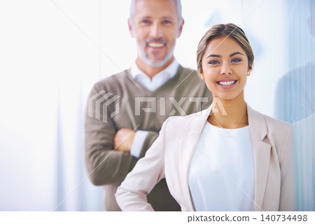 Businessman, woman and portrait in office for meeting and career for organisation, agency or company. Coworker with mentor or colleague with smile for collaboration, job or profession on mockup Businessman, woman and portrait in office for meeting and career for organisation, agency or company. Coworker with mentor or colleague with smile for collaboration, job or profession on mockup 140734498
