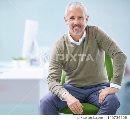 Business man, mature and smile in portrait, CEO with pride and confidence at workplace. Professional, career and expert at office with mockup space, corporate job and executive at media company 140734506