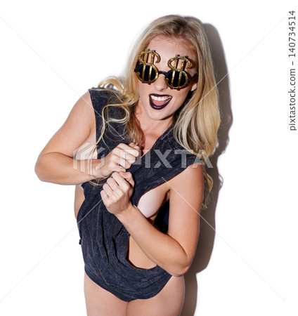 Sunglasses, dollar sign and young woman or girl in studio for fashion with body isolated on white background mockup. Makeup, excited person and cool glasses for money, gold and lipstick for cosmetics Sunglasses, dollar sign and young woman or girl in studio for fashion with body isolated on white background mockup. Makeup, excited person and cool glasses for money, gold and lipstick for cosmetics 140734514