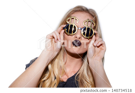 Sunglasses, dollar sign and young woman with beauty or fashion in studio isolated on a white background. Face, makeup and person with cool glasses for money, gold and shine with cosmetics on lips Sunglasses, dollar sign and young woman with beauty or fashion in studio isolated on a white background. Face, makeup and person with cool glasses for money, gold and shine with cosmetics on lips 140734518