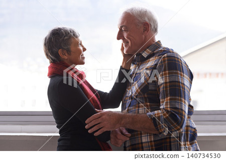 Mature couple, love and commitment in home or house, vacation and retirement holiday with happiness. Smile, elderly people and marriage or relationship for bonding, care and romance of woman and man Mature couple, love and commitment in home or house, vacation and retirement holiday with happiness. Smile, elderly people and marriage or relationship for bonding, care and romance of woman and man 140734530