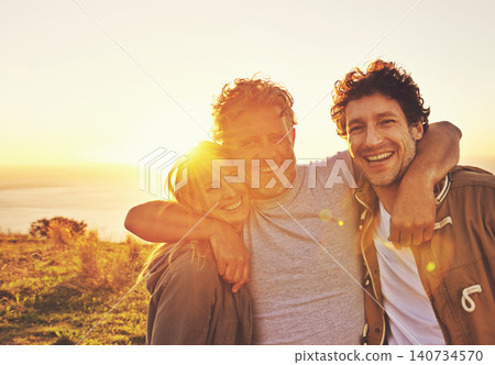 Sunset, nature and senior parent with children for adventure, hiking and walking outdoors. Family, travel and mature father with man and woman embrace on holiday, vacation and weekend together 140734570