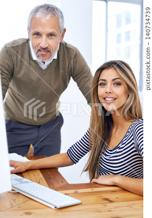 Portrait, man and mentor with employee, keyboard for teamwork or collaboration for creative work. Company, male person and woman with confidence as art director with manager of business and happiness Portrait, man and mentor with employee, keyboard for teamwork or collaboration for creative work. Company, male person and woman with confidence as art director with manager of business and happiness 140734739