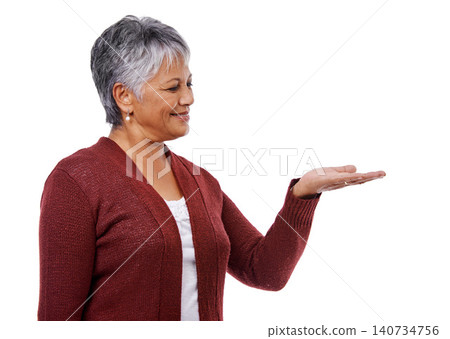 Senior woman, hand and show on mockup for marketing, presentation and advertising isolated on white background. Elderly female person, mature lady and gesture for announcement, display or promotion Senior woman, hand and show on mockup for marketing, presentation and advertising isolated on white background. Elderly female person, mature lady and gesture for announcement, display or promotion 140734756