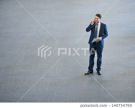 Space, talking or happy businessman on a phone call inf office networking or speaking to chat in discussion. Mockup, plan or above of entrepreneur in conversation, mobile communication or deal offer 140734769