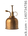 Vintage brass plant mister spray bottle isolated on white background. Old retro garden watering tool. 140734786