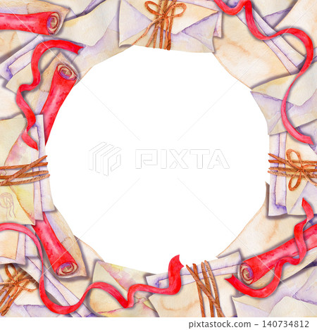 Stacks of envelopes tied in a decorative circular frame with an open center, painted in watercolor Stacks of envelopes tied in a decorative circular frame with an open center, painted in watercolor 140734812