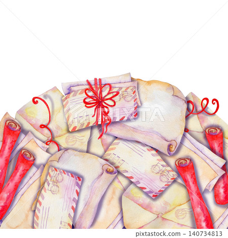 A watercolor arrangement of envelopes tied with a red ribbon and a bow, rolls of red wrapping paper A watercolor arrangement of envelopes tied with a red ribbon and a bow, rolls of red wrapping paper 140734813