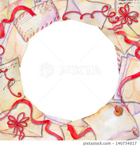A watercolor envelopes, sheets of letter-writing paper arranged in circular frame A watercolor envelopes, sheets of letter-writing paper arranged in circular frame 140734817