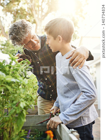 Gardening, plants and grandfather teaching boy on greenery growth, development and environment. Agro, eco friendly and child or kid learning horticulture with senior man outdoor in backyard for hobby Gardening, plants and grandfather teaching boy on greenery growth, development and environment. Agro, eco friendly and child or kid learning horticulture with senior man outdoor in backyard for hobby 140734834