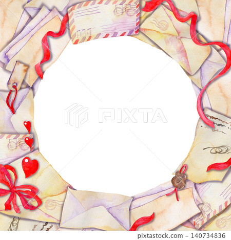A watercolor round cutout frame consisting of envelopes, letter paper, a decorative tag, a wax seal A watercolor round cutout frame consisting of envelopes, letter paper, a decorative tag, a wax seal 140734836