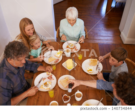 Family, children and eating food from above for healthy nutrition meal, wellness or bonding. Women, grandmother and breakfast with daughter at lunch table in apartment for morning, brunch or hungry Family, children and eating food from above for healthy nutrition meal, wellness or bonding. Women, grandmother and breakfast with daughter at lunch table in apartment for morning, brunch or hungry 140734844