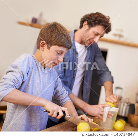 Father, child and lemon fruit in kitchen for lemonade nutrition for breakfast drink, beverage or wellbeing. Male person, son and juicer equipment in apartment or fresh citrus, vitamin c or gut health Father, child and lemon fruit in kitchen for lemonade nutrition for breakfast drink, beverage or wellbeing. Male person, son and juicer equipment in apartment or fresh citrus, vitamin c or gut health 140734847