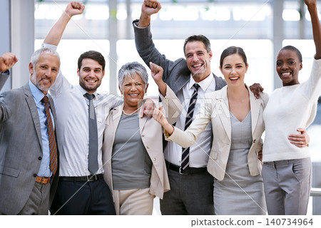 Happy business people, portrait or cheers for winning with collaboration target, goals or teamwork. Hands up, profit bonus or excited employees in corporate with group success, welcome or achievement Happy business people, portrait or cheers for winning with collaboration target, goals or teamwork. Hands up, profit bonus or excited employees in corporate with group success, welcome or achievement 140734964