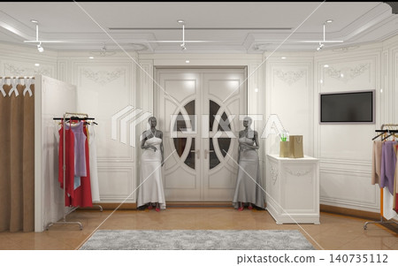 clothing store, interior visualization, 3D illustration clothing store, interior visualization, 3D illustration 140735112